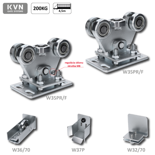 W-SET70F Set pro samonosný systém 70 x 70 x 4 mm, 2x regulovatelný vozíky, 1x doraz, 1x náběhové kolečko, 1x záslepka